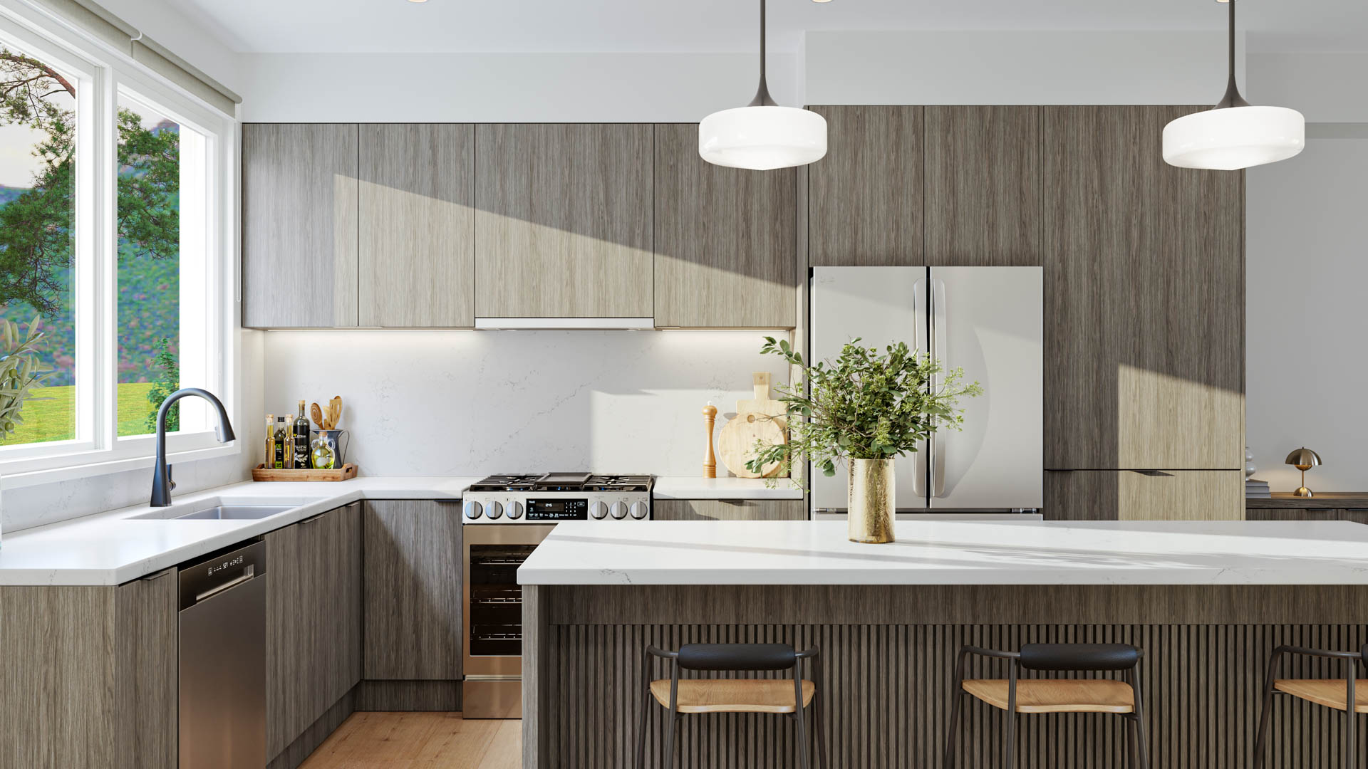 Kin & Kith – A modern kitchen featuring wood grain cabinetry, quartz countertops, a large island with stool seating, stainless steel appliances, and a window above the sink.