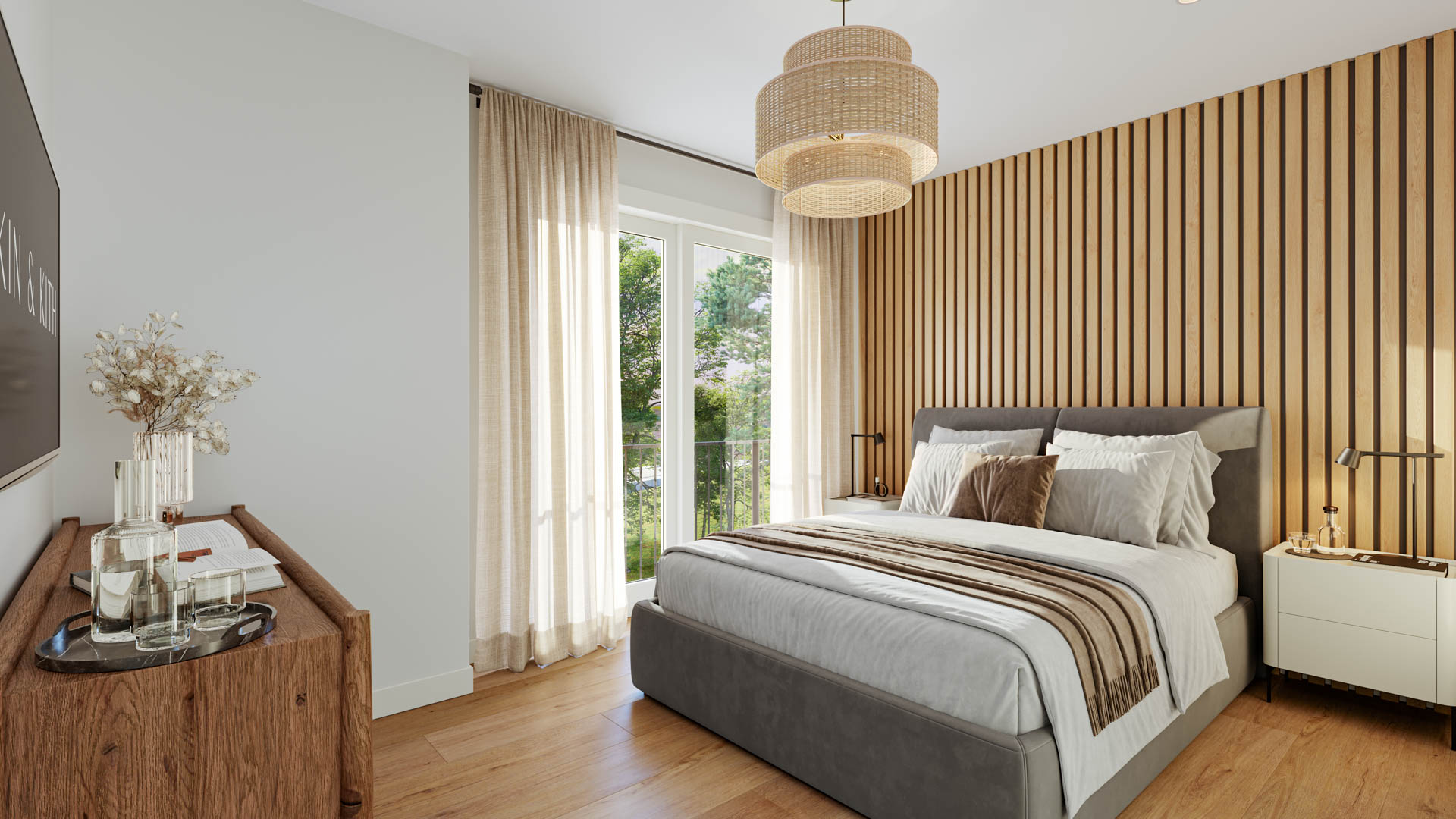 Kin & Kith – A bedroom featuring light oak slatted wall panels behind a padded bedframe, bedside tables, woven pendant lamp, and patio doors.
